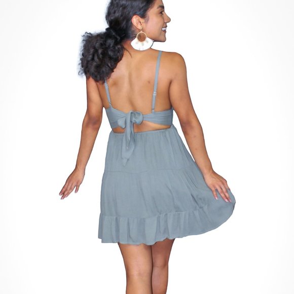 TIE BACK CROCHET LACE BODICE V-NECK MINI DRESS - Picture 4 of 4